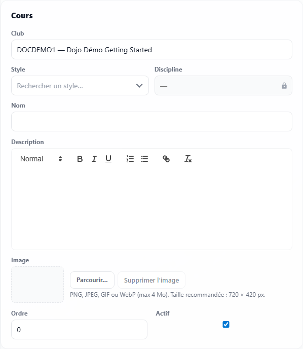 Fiche cours : nom, style, description, instructeurs