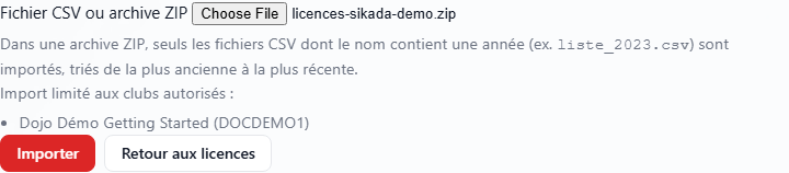 Écran Importer FFKDA : fichier CSV ou archive ZIP